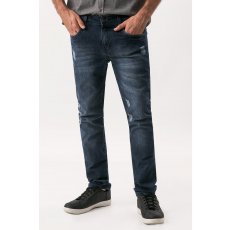 Calça Azul Jeans Masculina com Useds, Puídos e Bigodes Frontais